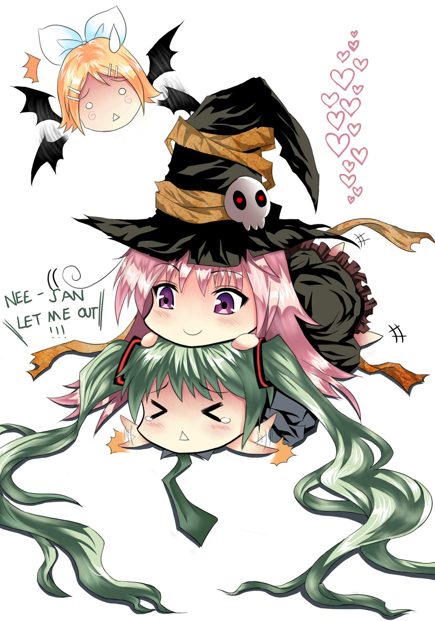 &gt;_&lt; 3girls bat bat_wings blonde_hair bow chibi closed_eyes costume english flying glowing glowing_eyes green_hair hair_bow hair_ornament hairclip hat hatsune_miku heart highres kagamine_rin long_hair lying megurine_luka multiple_girls necktie o_o on_head on_stomach person_on_head pink_hair purple_eyes simple_background skull sweatdrop tantrum twintails very_long_hair vocaloid white_background wings witch witch_hat