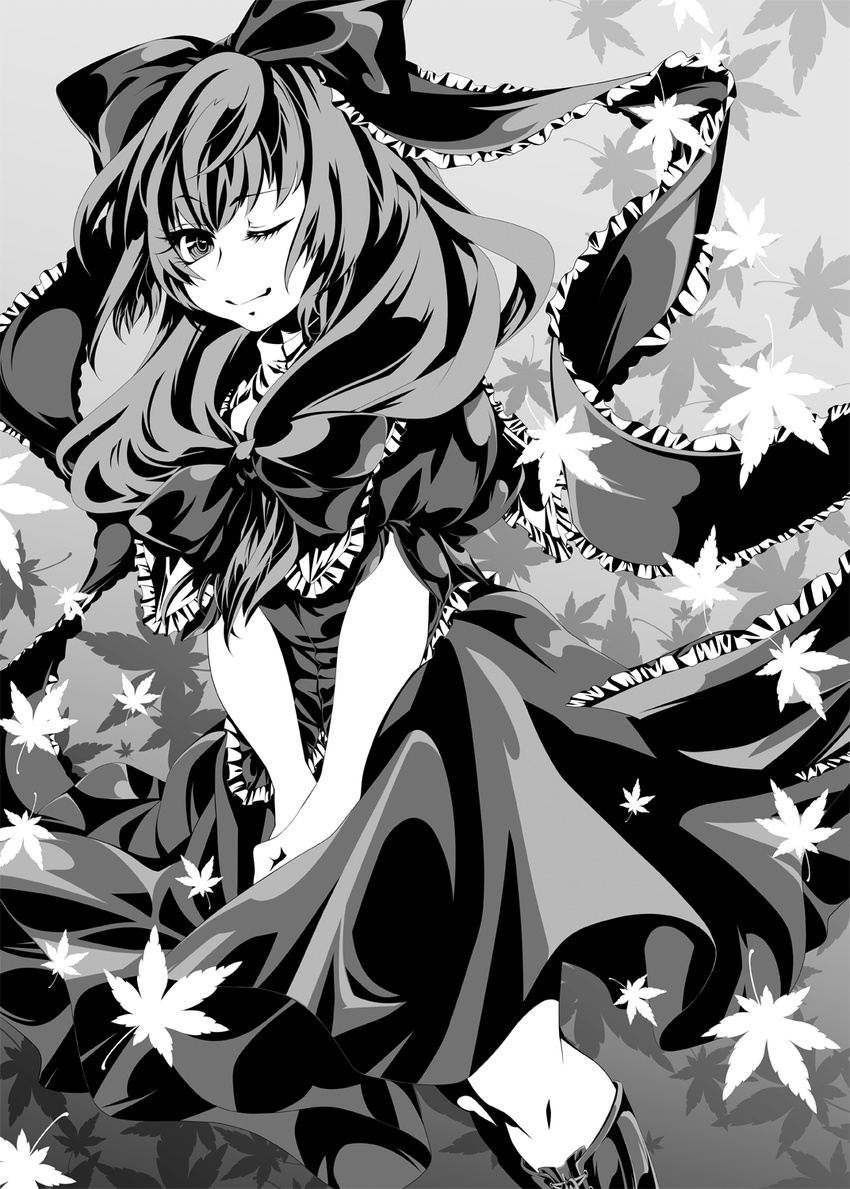 between_legs boots bow dress frills front_ponytail greyscale hair_ornament hair_ribbon hand_between_legs highres kagiyama_hina leaf long_hair looking_at_viewer monochrome one_eye_closed ribbon simons62166 smile solo touhou