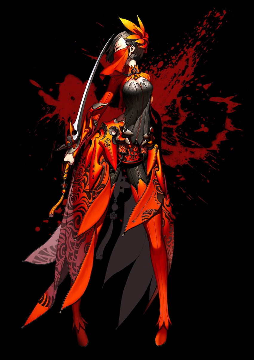 black_background black_hair blade_&amp;_soul blood blood_stain boots breasts cleavage face_mask flower food fruit hair_flower hair_ornament hichi highres legs long_legs mask medium_breasts orange short_hair solo sword thigh_boots thighhighs thighs weapon