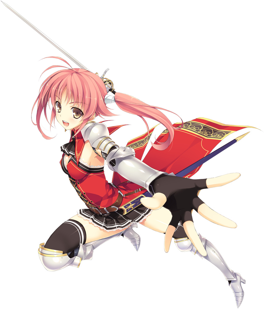 :d absurdres armor ascot belt black_legwear fingerless_gloves foreshortening full_body gloves greaves highres kazama_akari koikishi_purely_kiss long_hair looking_at_viewer no_bra open_mouth outstretched_arm pink_hair scabbard sheath smile solo sword thighhighs transparent_background weapon yellow_eyes yuuki_hagure
