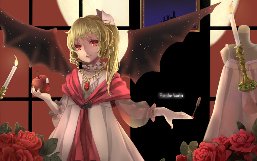 alternate_costume alternate_wings apple bad_id bad_pixiv_id badge bat_wings blonde_hair candle character_name dress english evening_gown fangs fire flandre_scarlet floating floating_object flower food fruit full_moon gem hair_ribbon holding holding_food holding_fruit jewelry mia0309 moon nail_polish necklace no_hat no_headwear open_mouth photo_(object) red_eyes red_flower red_rose ribbon rose short_hair side_ponytail solo touhou window wings