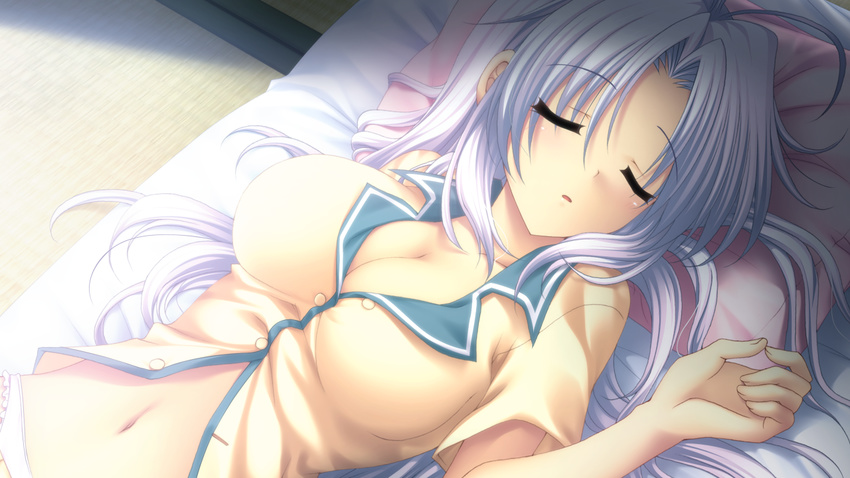 bed cleavage game_cg ikura_nagisa long_hair mashiro_summer pajamas sleeping white_hair yasaka_chihiru