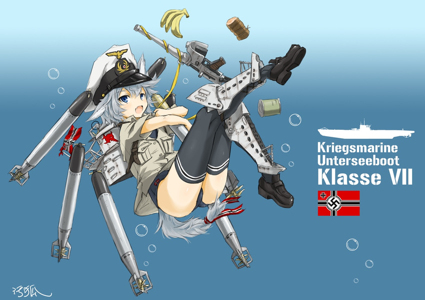 animal_ears bad_id bad_pixiv_id banana can dakku_(ogitsune) fang flag food fruit german gun hat kriegsmarine mecha_musume military military_uniform nazi_war_ensign original personification ship signature solo submarine swimsuit swimsuit_under_clothes tail thighhighs torpedo translated type_vii uniform watercraft weapon world_war_ii