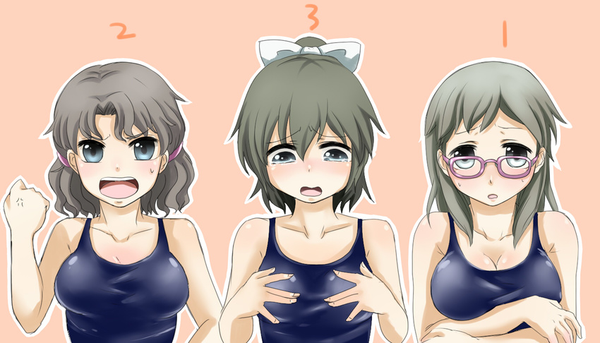 anger_vein blue_eyes blush breasts brown_hair corpse_party glasses kirisaki_touko medium_breasts multiple_girls one-piece_swimsuit ponytail psehkaonttaa school_swimsuit simple_background swimsuit tears urabe_emi yamamoto_mitsuki