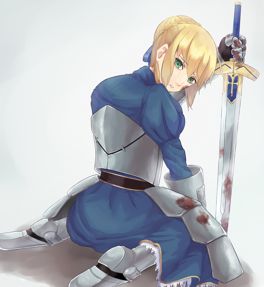 ahoge alice1888 armor armored_dress artoria_pendragon_(all) bad_id bad_pixiv_id blonde_hair blood dress excalibur fate/stay_night fate_(series) faulds from_behind gauntlets green_eyes hair_ribbon highres ribbon saber sitting solo sword tears wariza weapon