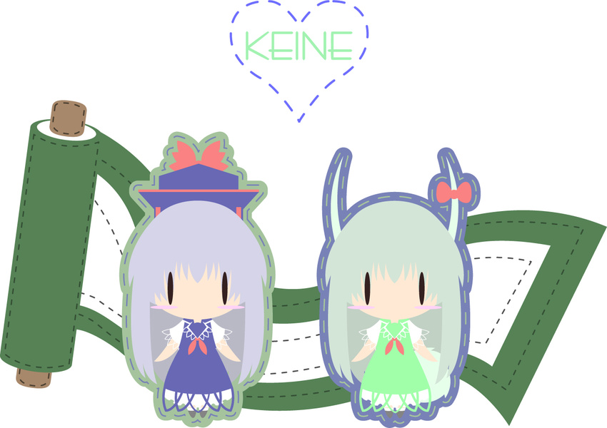 dual_persona ex-keine green_hair hat horn horn_ribbon horns kamishirasawa_keine long_hair multiple_girls ribbon scroll silver_hair tail takanashi_hiyori touhou