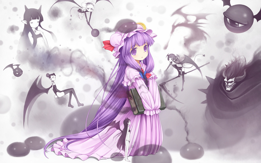 bad_id bad_pixiv_id black_legwear book bunny_tail closed_eyes crescent demon demon_girl demon_tail dragon eyeball fujishiro_touma hat head_wings highres horns long_hair mace patchouli_knowledge pointy_ears purple_eyes purple_hair scythe solo strapless striped striped_legwear succubus tail thighhighs touhou tubetop v_arms very_long_hair weapon wings younger