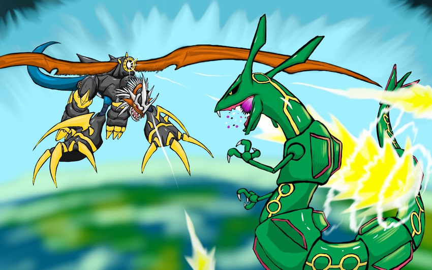 black blue blue_body cannon claws crossover digimon dragon green green_body h_box imperialdramon legendary_pok&#233;mon nintendo pok&#233;mon pok&eacute;mon rayquaza scalie tail teeth video_games wallpaper wings yellow_eyes