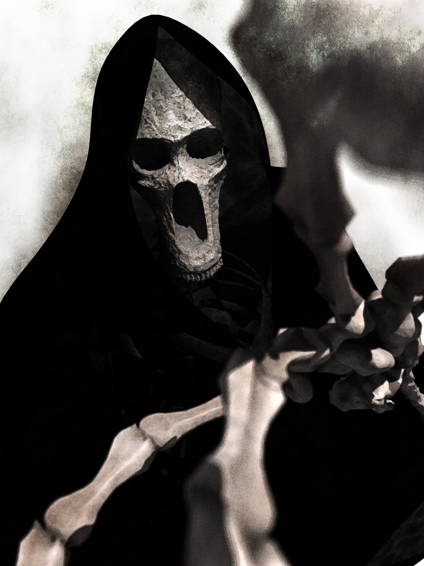 cloak death_(entity) grim_reaper highres maeda_koutarou no_humans skeleton
