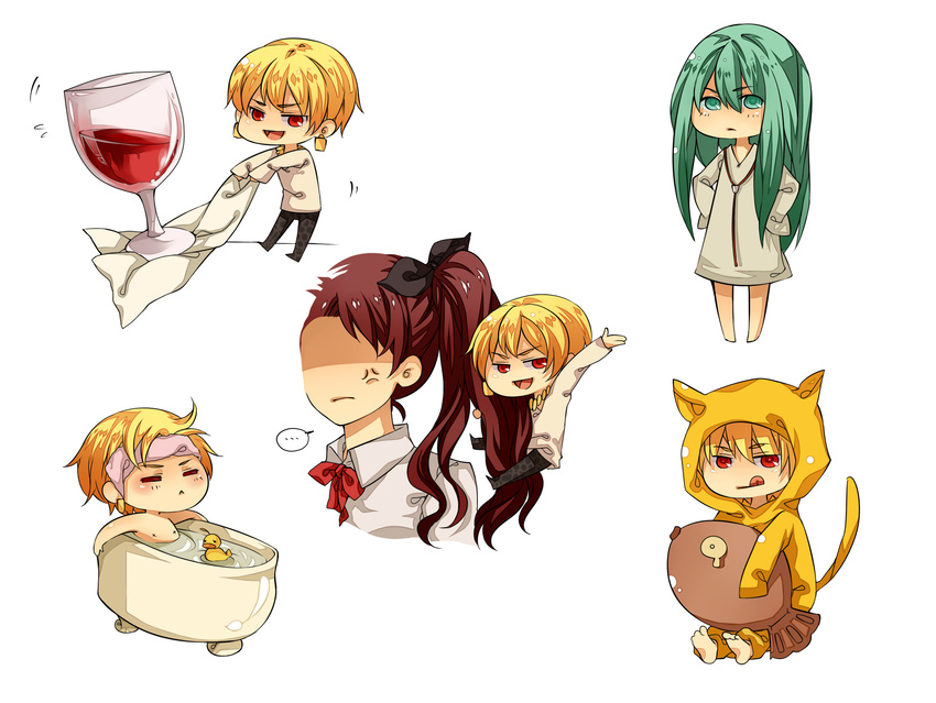 2boys alcohol androgynous anger_vein animal_costume bath brown_hair cat_costume chibi child enkidu_(fate/strange_fake) fate/stay_night fate/strange_fake fate/zero fate_(series) fish gilgamesh green_eyes green_hair hair_ribbon highres jewelry long_hair luperce multiple_boys necklace red_eyes ribbon rubber_duck short_hair tears toosaka_rin towel wine younger