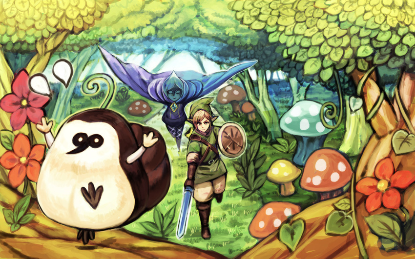 1girl blonde_hair blue_eyes blue_hair blue_skin fi flower forest gloves hat kikwi link machi_(skyward_sword) mitsumachi_senji mushroom nature pantyhose pointy_ears shield sword the_legend_of_zelda the_legend_of_zelda:_skyward_sword weapon