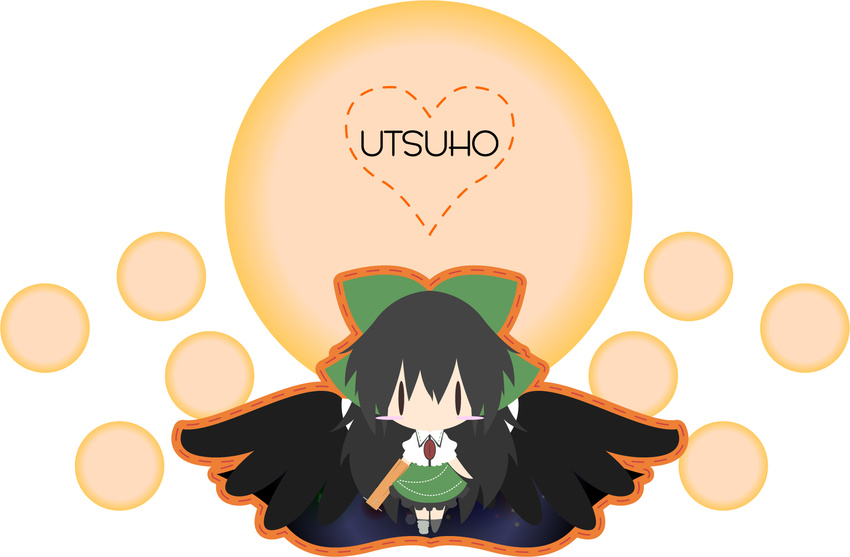 arm_cannon black_hair bow cape chibi highres long_hair reiuji_utsuho solo takanashi_hiyori touhou weapon wings