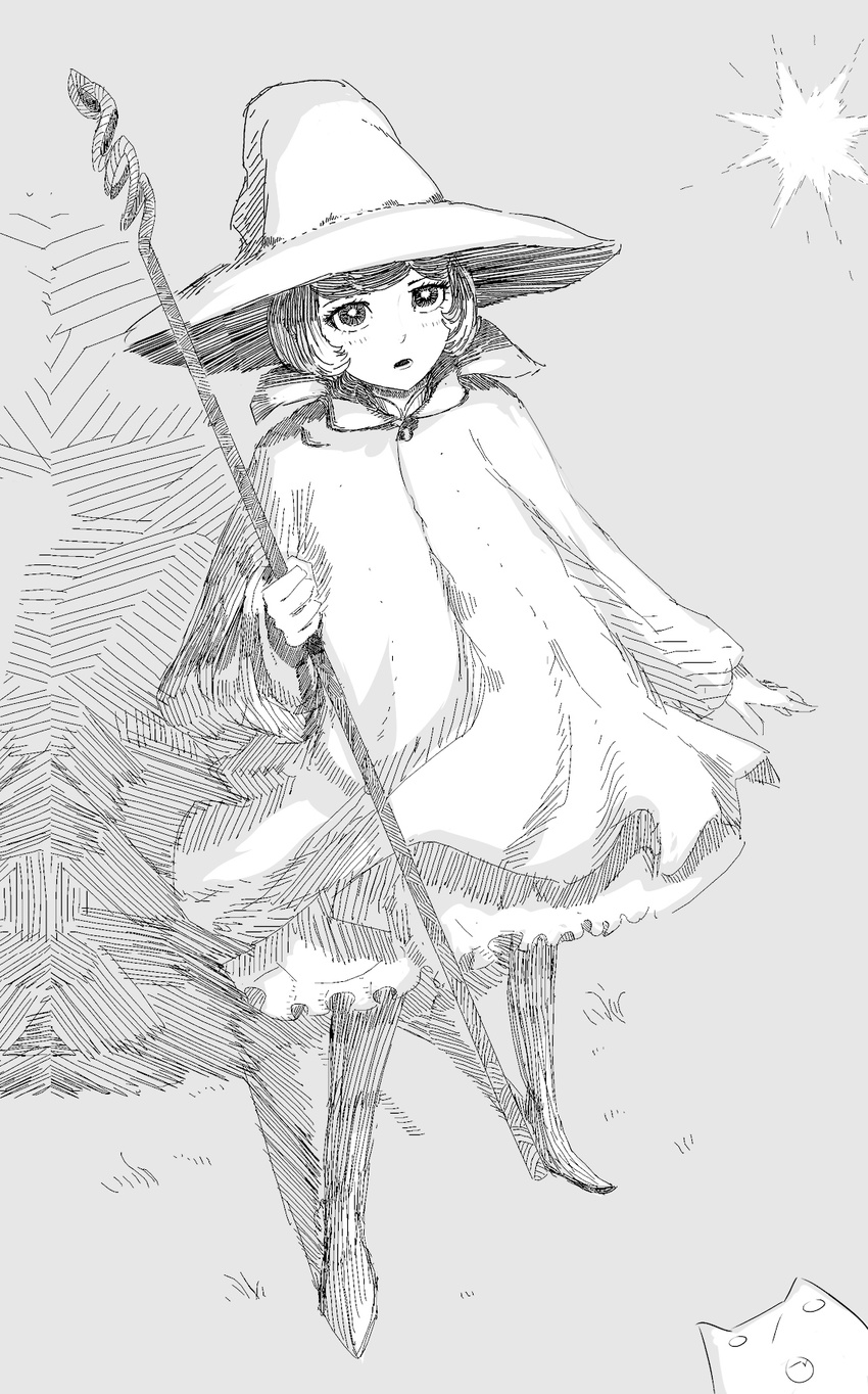 :o arsenixc artist_self-insert berserk cape fictional_persona greyscale hat highres monochrome schierke short_hair solo spark staff standing witch witch_hat