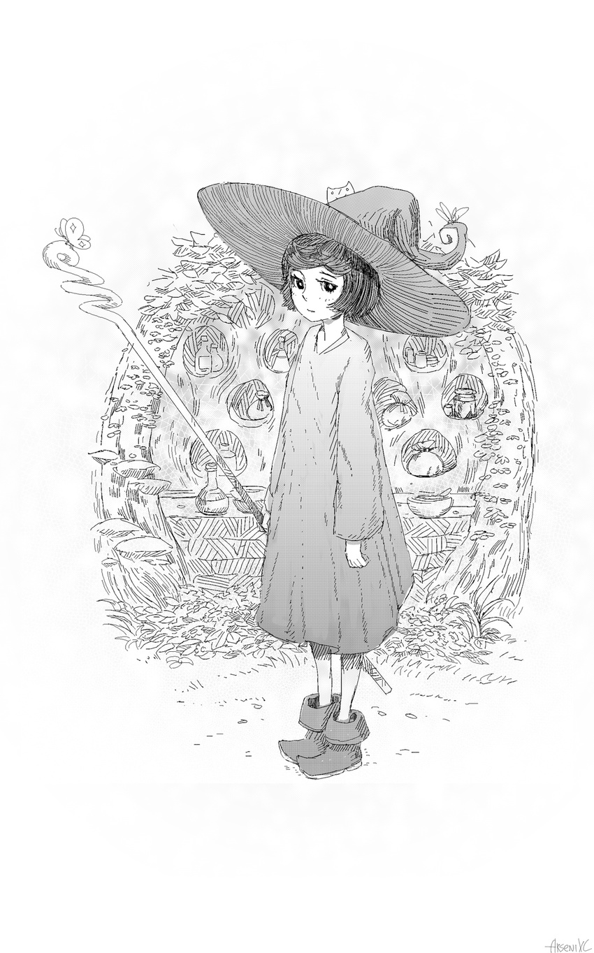 arsenixc berserk boots bottle bug butterfly flask flower grass greyscale hat highres insect letter monochrome pot schierke short_hair signature solo staff standing witch witch_hat