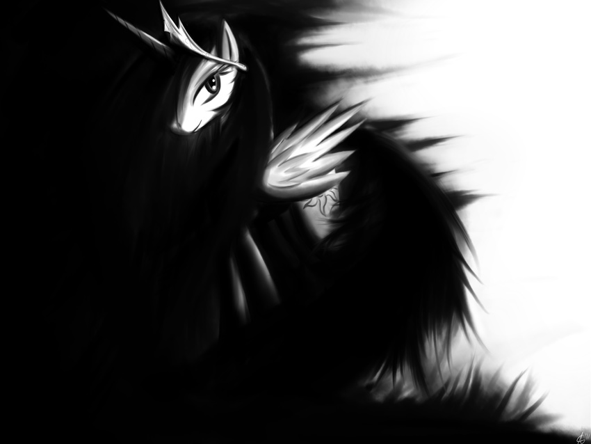 alicorn black_hair crown cutie_mark equine female feral friendship_is_magic greyscale hair hi_res horn horse long_hair looking_at_viewer mammal monochrome my_little_pony pegacorn pony princess_celestia_(mlp) rofldoctor smile solo sun tiara winged_unicorn wings