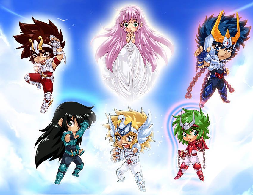 80s absurdres andromeda_shun armor athena brown_hair chibi cloth cygnus_hyoga cygnus_hyouga dragon_shiryu dragon_shiryuu green_hair highres hyoga ikki kido_saori long_hair mzelda oldschool pegasus_seiya phoenix_ikki purple_hair saint_seiya saori_kido sd seiya shiryu shun sky