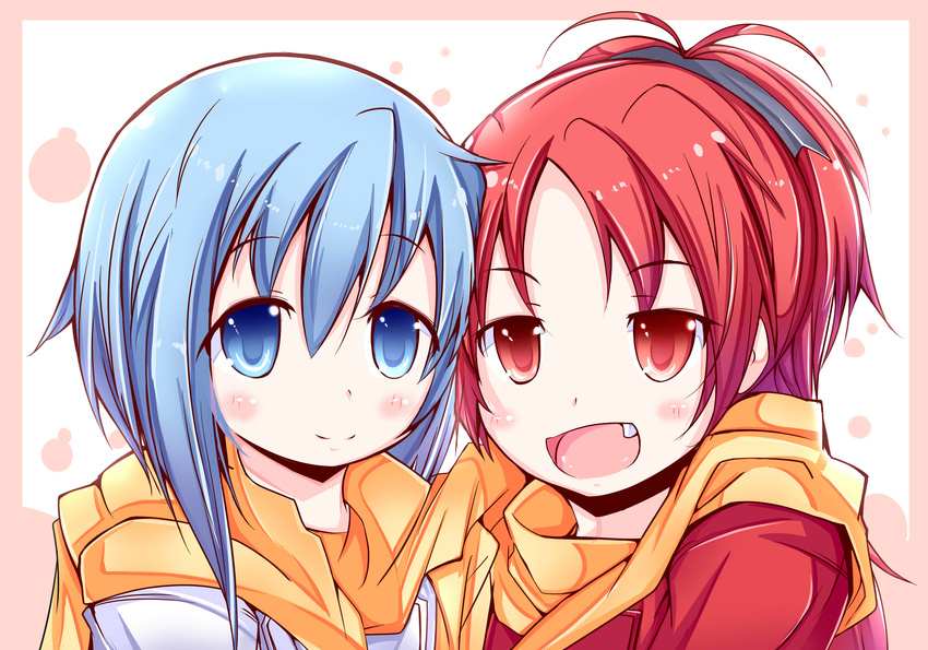 absurdres blue_hair fang hair_ribbon highres long_hair mad_(hazukiken) mahou_shoujo_madoka_magica miki_sayaka multiple_girls open_mouth ponytail red_hair ribbon sakura_kyouko scarf shared_scarf short_hair smile