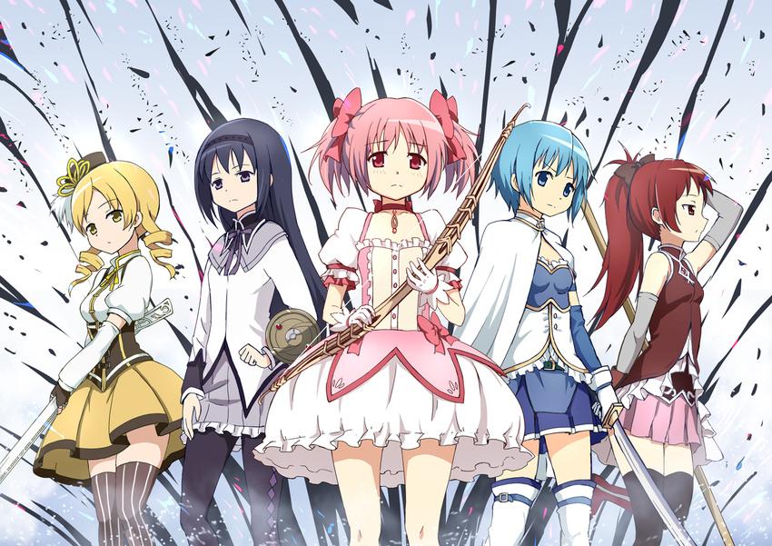 akemi_homura black_eyes black_hair black_legwear blonde_hair blue_door blue_eyes blue_hair blush bow bow_(weapon) breasts bubble_skirt cape choker dress drill_hair fingerless_gloves gloves gun hair_bow hair_ornament hair_ribbon hairband hat kaname_madoka long_hair magical_girl magical_musket mahou_shoujo_madoka_magica medium_breasts miki_sayaka multiple_girls pantyhose pink_eyes pink_hair polearm ponytail red_eyes red_hair ribbon rifle sakura_kyouko shield short_hair short_twintails skirt sleeveless small_breasts sword thighhighs tomoe_mami twin_drills twintails weapon yellow_eyes