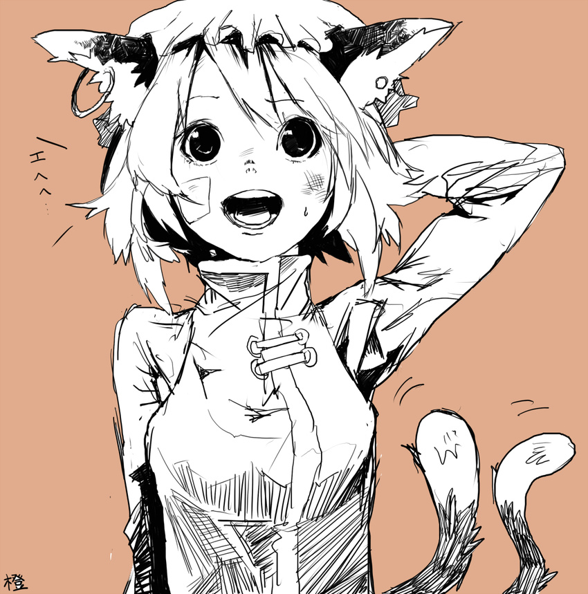 animal_ears cat_ears cat_tail chen earrings face hand_behind_head hat highres jewelry monochrome multiple_tails short_hair siroiyuki sketch solo tail touhou upper_body