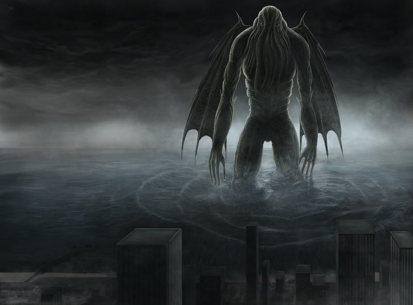 absurd_res black_eyes city cloud clouds cthulhu cthulhu_mythos deity diety h.p._lovecraft hi_res smilingbounder tentacles unknown_artist water wings