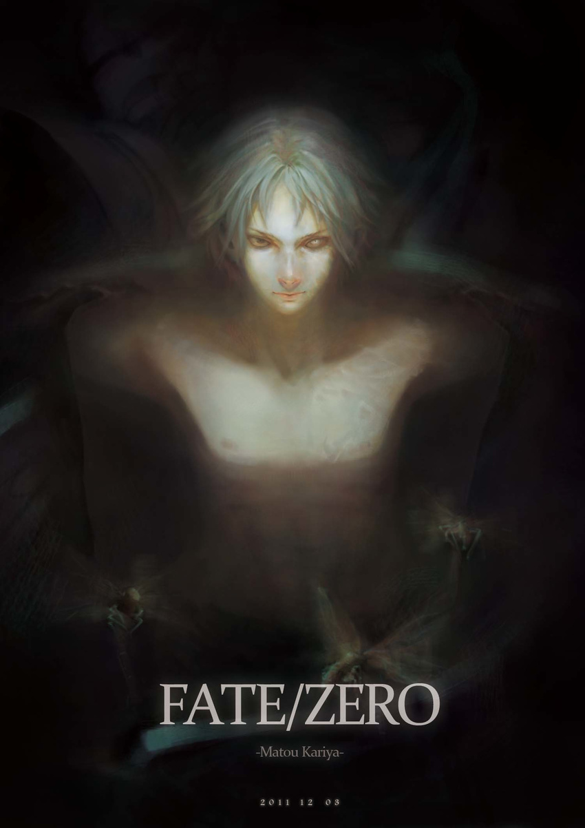 2011 bug character_name copyright_name crest_worm dated fate/zero fate_(series) heterochromia highres insect kumikuu male_focus matou_kariya realistic scar shirtless solo white_hair