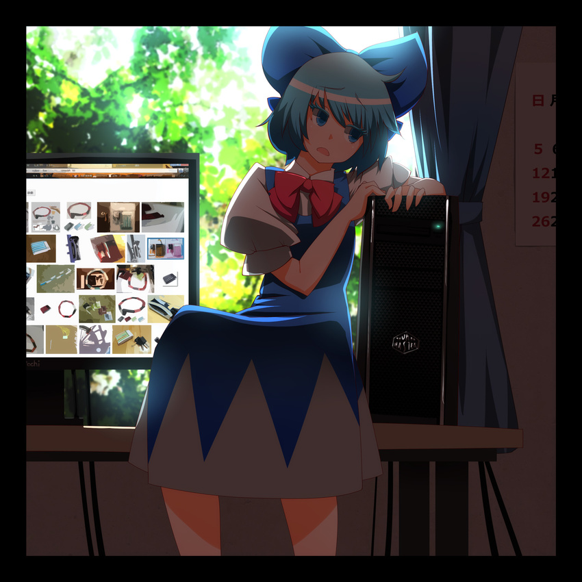 bad_id bad_pixiv_id blue_dress blue_eyes blue_hair bow bowtie calendar_(object) cirno colored_eyelashes commentary computer curtains dress google google_chrome hair_bow highres kasuteru looking_away monitor mundane_utility on_table open_mouth sitting solo table touhou window windowboxed