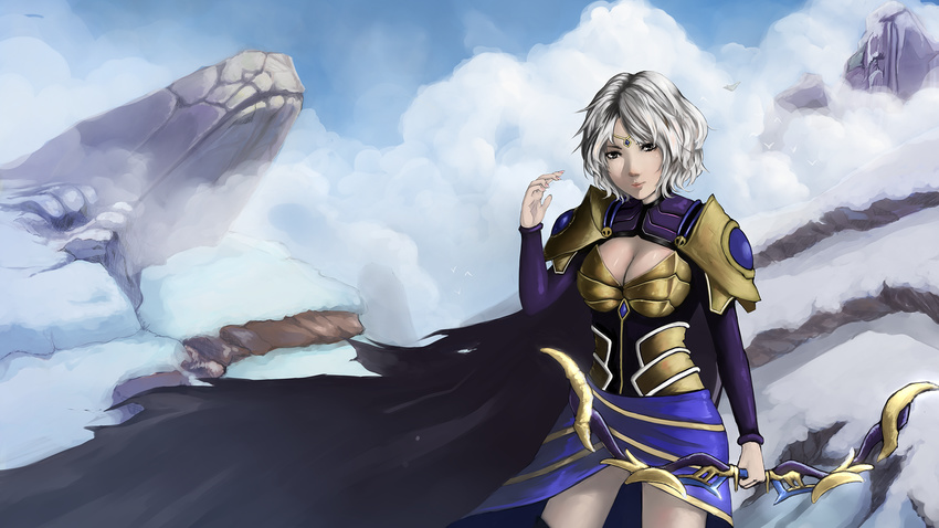 alternate_costume armor ashe_(league_of_legends) bad_id bad_pixiv_id bow bow_(weapon) breasts cape circlet cleavage cloud darkautism day fingernails highres league_of_legends medium_breasts miniskirt mountain pauldrons short_hair skirt snow solo weapon white_hair