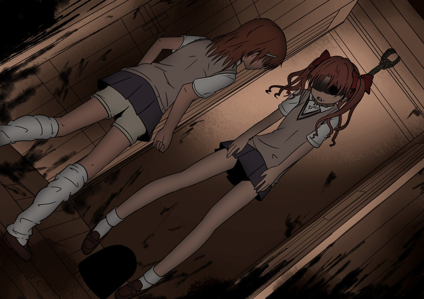 arai_satomi brown_eyes brown_hair corpse_party death drawfag dutch_angle hanged misaka_mikoto multiple_girls parody satou_rina school_uniform seiyuu_connection shirai_kuroko source_request spoilers sweater_vest to_aru_kagaku_no_railgun to_aru_majutsu_no_index toilet twintails