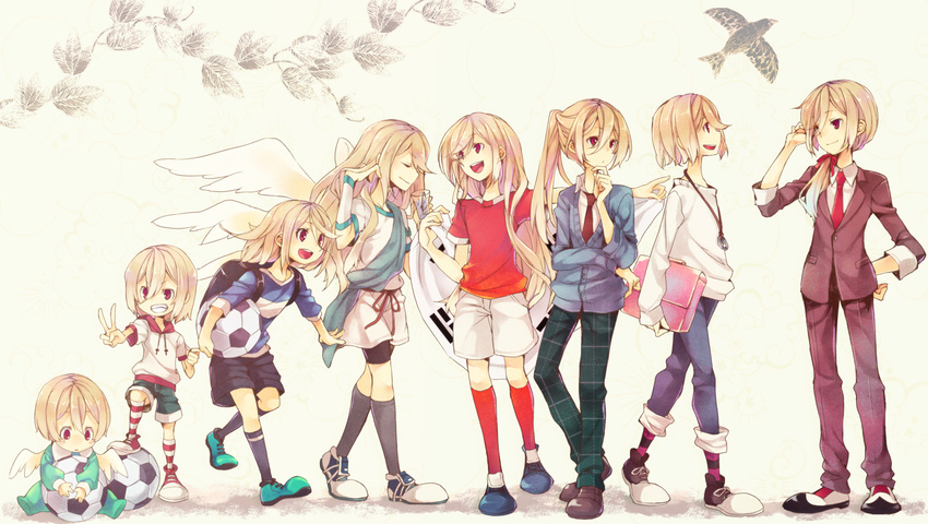 afuro_terumi age_progression androgynous backpack bag ball bike_shorts blonde_hair casual chiko_(mizuho) child crossover fire_dragon_(inazuma_eleven) formal inazuma_eleven inazuma_eleven_(series) inazuma_eleven_go jewelry long_hair multiple_persona multiple_wings necklace necktie older open_mouth otoko_no_ko ponytail red_eyes sash short_hair soccer_ball soccer_uniform sportswear suit telstar tunic v very_long_hair wings zeus_(inazuma_eleven)