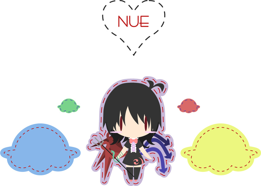 asymmetrical_wings black_hair blue_wings chibi houjuu_nue polearm red_wings short_hair snake solo takanashi_hiyori thighhighs touhou trident ufo weapon wings