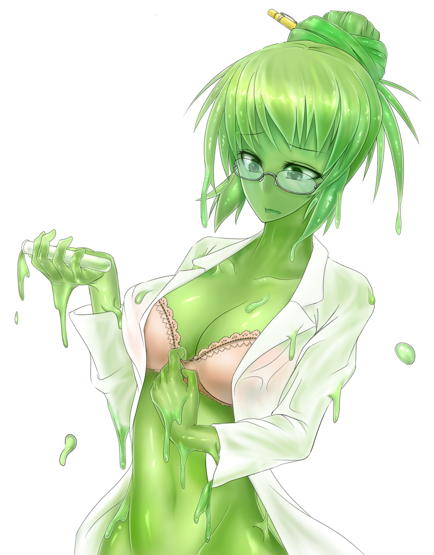 1girl bra brassiere breasts bun cleavage glasses goo_girl green_eyes green_hair green_skin hair_bun highres lab_coat labcoat monster_girl ookefu pencil science semi-rimless_glasses short_hair simple_background slime slime_girl slimegirl solo test_tube transformation under-rim_glasses underwear white_background