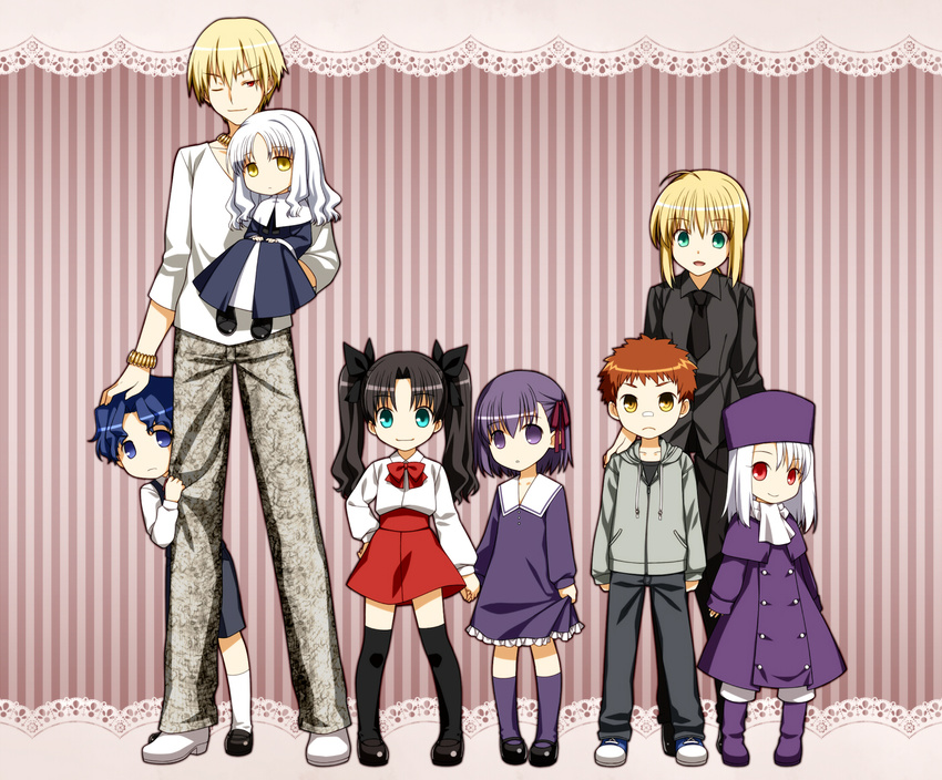 5girls ahoge artoria_pendragon_(all) bandaid blue_eyes blue_hair boots brother_and_sister caren_hortensia carrying casual child dress emiya_shirou fate/hollow_ataraxia fate/stay_night fate/zero fate_(series) formal gilgamesh green_eyes hair_ribbon hand_on_head hat holding_hands hood hoodie illyasviel_von_einzbern jewelry long_hair mary_janes matou_sakura matou_shinji mayo-black multiple_boys multiple_girls necktie one_eye_closed orange_hair pant_suit ponytail purple_eyes purple_footwear purple_hair purple_hat red_eyes ribbon saber shoes short_hair shorts siblings sisters smile socks suit thighhighs toosaka_rin twintails wavy_hair white_hair winter_clothes yellow_eyes younger