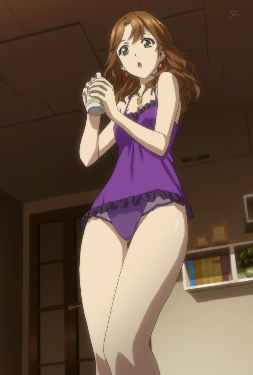 alcohol beer brown_eyes brown_hair guilty_crown highres lingerie milf open_mouth ouma_haruka stitch stitched underwear