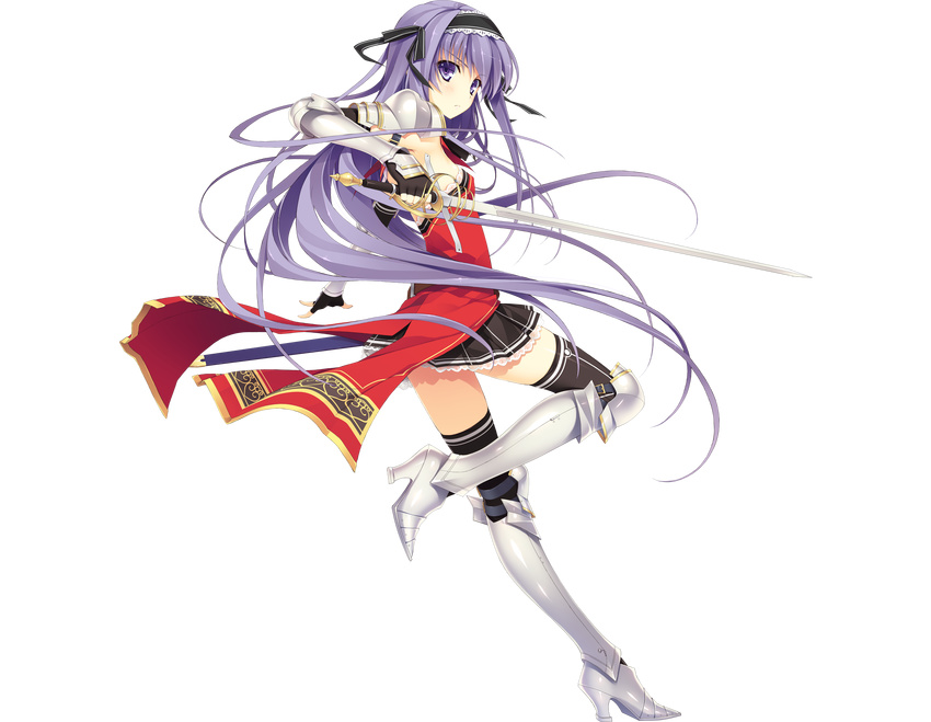 fujimori_yuu gloves koikishi_purely_kiss long_hair purple_eyes purple_hair ribbons skirt sword thighhighs transparent weapon yuuki_hagure
