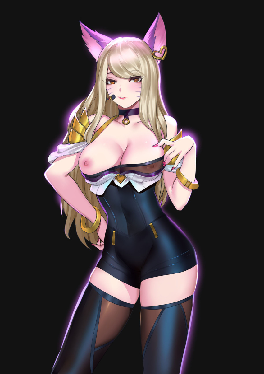 1girl ahri animal_ears areolae bangs bare_shoulders black_background black_shorts blonde_hair bra bra_pull bracelet breasts brown_eyes bustier choker contrapposto fox_ears glowing hand_on_hip hand_on_own_chest headset heart highres jewelry k/da_(league_of_legends) k/da_ahri large_breasts league_of_legends long_hair looking_at_viewer makeup nail_polish nipples pd_(pdpdlv1) pink_nails see-through shorts smirk solo swept_bangs thighhighs underwear whisker_markings