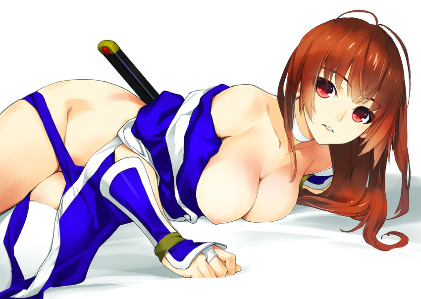 breasts breasts_outside brown_hair choker dead_or_alive eyebrows_visible_through_hair highres kasumi_(doa) large_breasts long_hair lying md5_mismatch no_bra no_panties off_shoulder on_side pelvic_curtain red_eyes sanbasou sheath sheathed single_thighhigh solo sword thighhighs weapon white_legwear