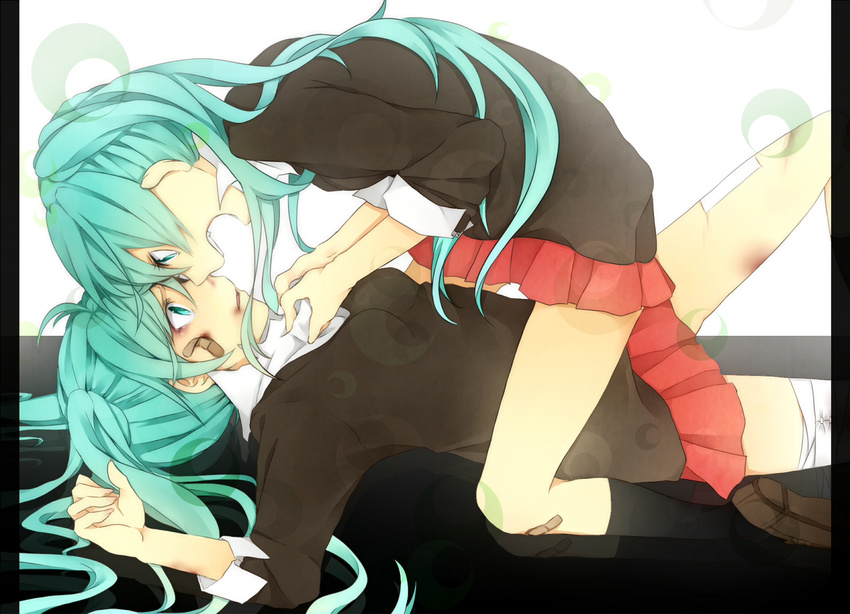 aqua_eyes aqua_hair bandages bandaid bandaid_on_face bandaid_on_knee clone face-to-face forehead-to-forehead hatsune_miku kneeling long_hair lying multiple_girls on_back open_mouth pillarboxed rolling_girl_(vocaloid) skirt straddling vocaloid zaki127