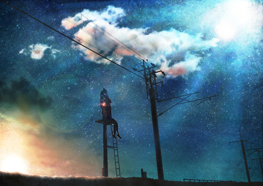 cloud highres hono_mochizuki ladder lens_flare lonely long_hair original power_lines scenery sitting skirt solo star_(sky) sunset traffic_light