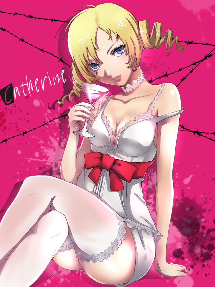 bad_id bad_pixiv_id blonde_hair blue_eyes blush bra breasts catherine catherine_(game) cleavage crossed_legs drill_hair highres lingerie long_hair long_legs looking_at_viewer pink_bra pokimari sitting small_breasts solo thighhighs twin_drills twintails underwear