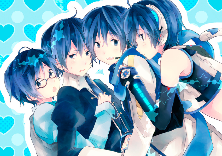 animal_ears bad_id bad_pixiv_id bespectacled blue_eyes blue_hair blue_scarf blush boy_sandwich campus_(module) cat_ears classic_(module) glasses hug hug_from_behind kaito male_focus multiple_boys multiple_persona neko_cyber_(module) ousaka_nozomi project_diva_(series) project_diva_2nd sandwiched scarf smile tail vocaloid