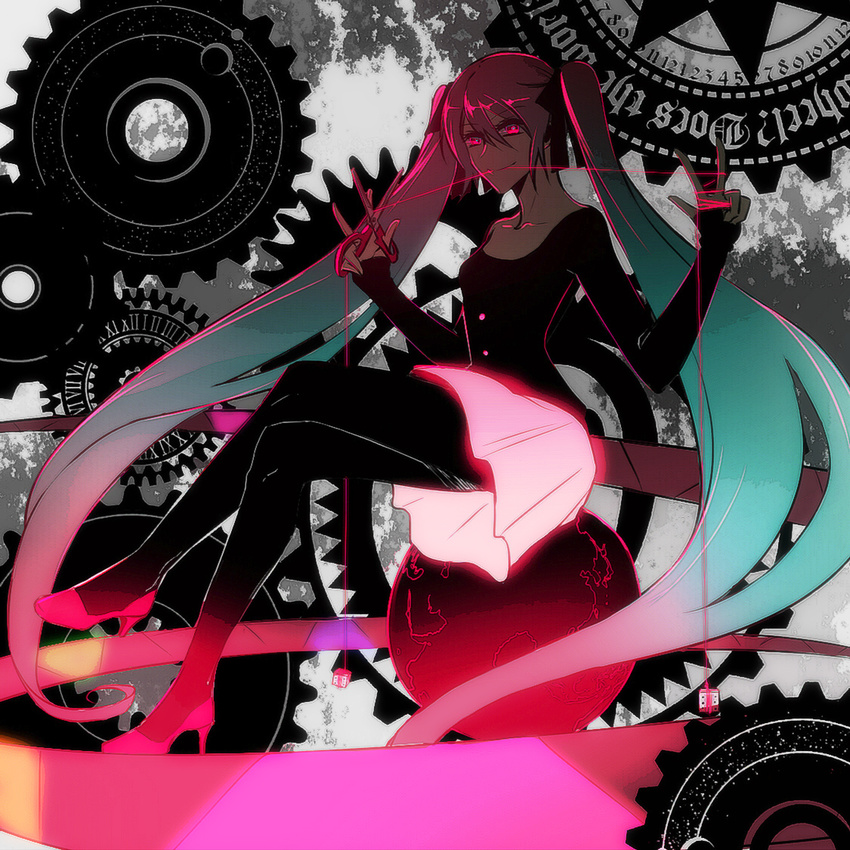 black_legwear crossed_legs gears hatsune_miku ktsis long_hair pantyhose red_string scissors shoes sitting skirt smile solo string very_long_hair vocaloid