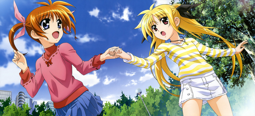 absurdres blonde_hair brown_hair casual cloud day fate_testarossa hashimoto_takayoshi highres holding_hands legs long_hair lyrical_nanoha mahou_shoujo_lyrical_nanoha mahou_shoujo_lyrical_nanoha_the_movie_1st multiple_girls non-web_source nyantype official_art open_mouth purple_eyes red_eyes scan short_twintails sky takamachi_nanoha twintails very_long_hair