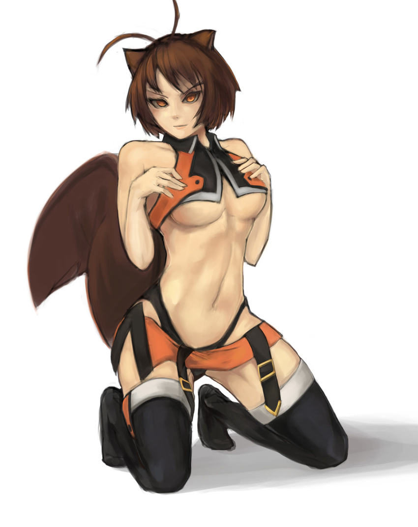 animal_ears antenna_hair bare_shoulders black_legwear blazblue breasts brown_eyes brown_hair highleg highleg_panties highres kneeling makoto_nanaya medium_breasts microskirt midriff navel orange_skirt panties revealing_clothes riftgarret short_hair skirt solo squirrel_ears squirrel_tail tail thighhighs underboob underwear