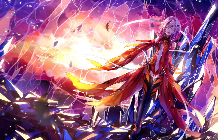 baocaiwangfei center_opening closed_eyes detached_sleeves fingerless_gloves gloves guilty_crown highres navel pink_hair shatter solo thighhighs yuzuriha_inori