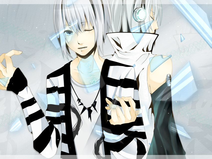 bad_id bad_pixiv_id blue_eyes headphones highres jewelry male_focus multiple_boys necklace niconico one_eye_closed piko_(niconico) silver_hair toya_kure utatane_piko vocaloid