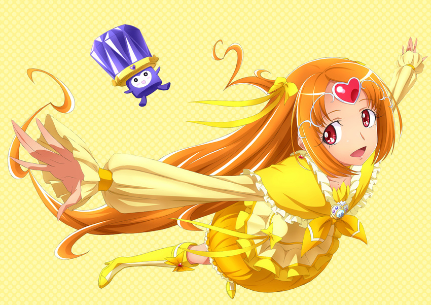 boots bow brooch bubble_skirt chikuyama circlet cure_muse_(yellow) dodory earrings eyelashes fairy_tone frills full_body hair_ribbon heart jewelry knee_boots long_hair magical_girl orange_hair orange_skirt outstretched_arms precure red_eyes ribbon shirabe_ako skirt smile spread_arms suite_precure yellow yellow_background yellow_bow