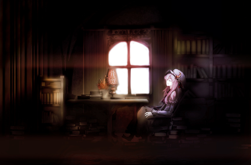 book bookshelf chair closed_eyes crescent curtains dress flower hat highres lamp long_hair open_mouth patchouli_knowledge purple_hair ribbon room sitting smile solo table touhou vase window yoshioka_yoshiko