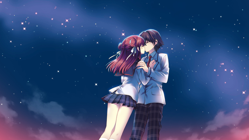 brown_hair clouds game_cg hoshi_no_ouji-kun kiss long_hair night purin_amanatsu qp:flapper seifuku short_hair skirt sky stars tie upskirt