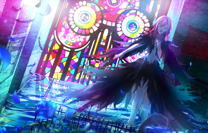 alternate_costume baocaiwangfei barefoot closed_eyes feathers flower guilty_crown highres navel pink_hair solo stained_glass water yuzuriha_inori