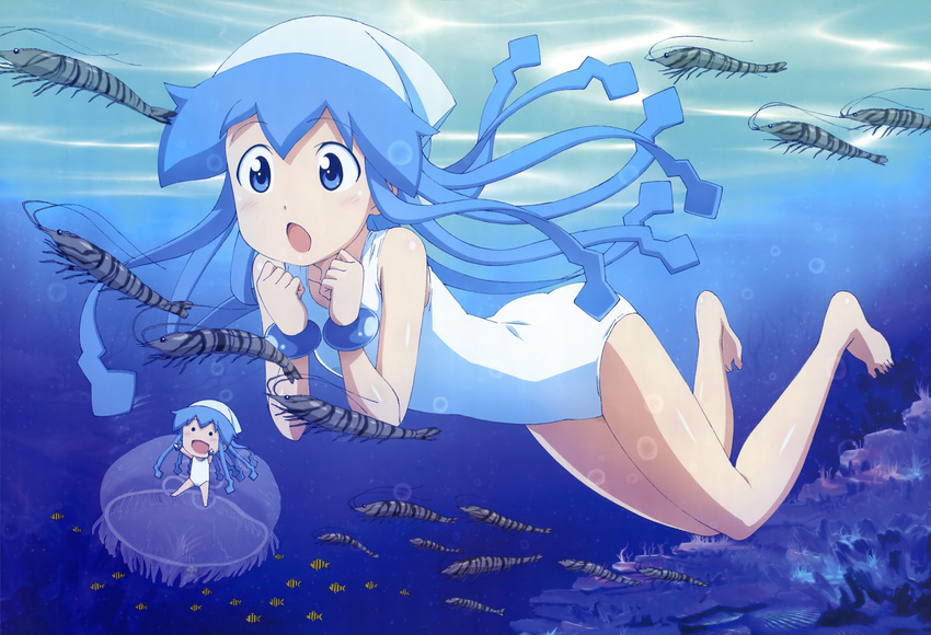 :o absurdres barefoot blue_eyes blue_hair bracelet chibi feet hat highres honda_yoshino ikamusume jellyfish jewelry legs long_hair mini-ikamusume minigirl multiple_girls non-web_source nyantype official_art open_mouth scan shinryaku!_ikamusume shrimp swimsuit tentacles underwater very_long_hair white_swimsuit